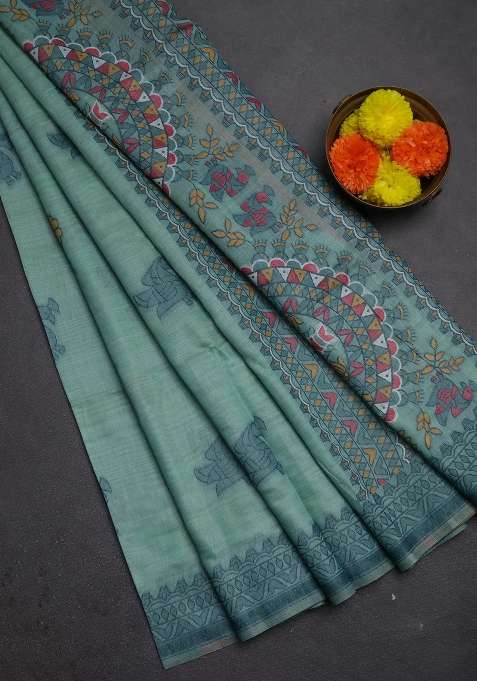 Jamdhani Cotton Saree Teal Green With Thread Buttas And Jamdhani Pallu With Buttas And Brocade Design For Women