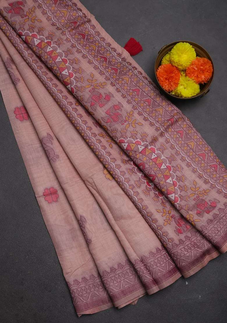 Jamdhani Cotton Saree Peach Shade With Thread Buttas And Jamdhani Pallu With Buttas And Brocade Design For Women - Indya