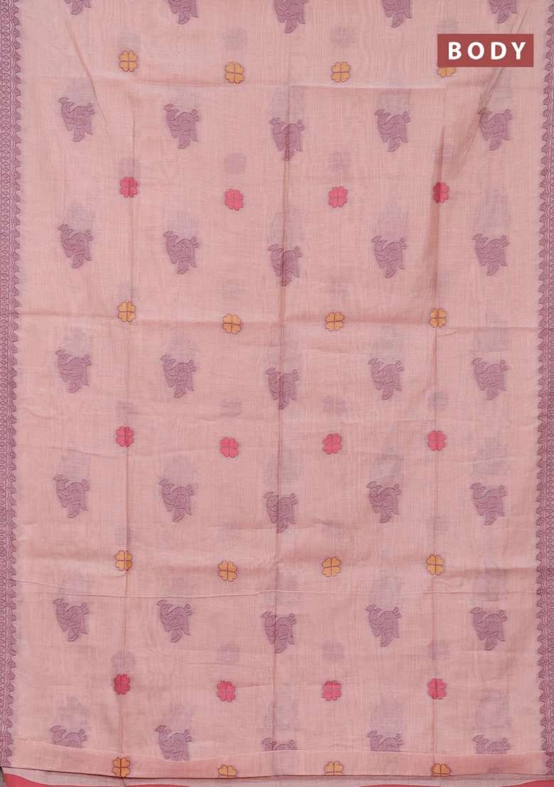Jamdhani Cotton Saree Peach Shade With Thread Buttas And Jamdhani Pallu With Buttas And Brocade Design For Women - Indya