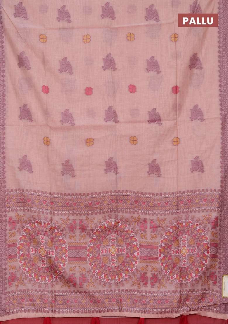 Jamdhani Cotton Saree Peach Shade With Thread Buttas And Jamdhani Pallu With Buttas And Brocade Design For Women - Indya