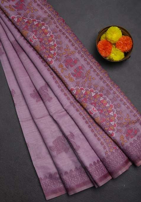 Jamdhani Cotton Saree Lavender With Thread Buttas And Jamdhani Pallu With Buttas And Brocade Design For Women