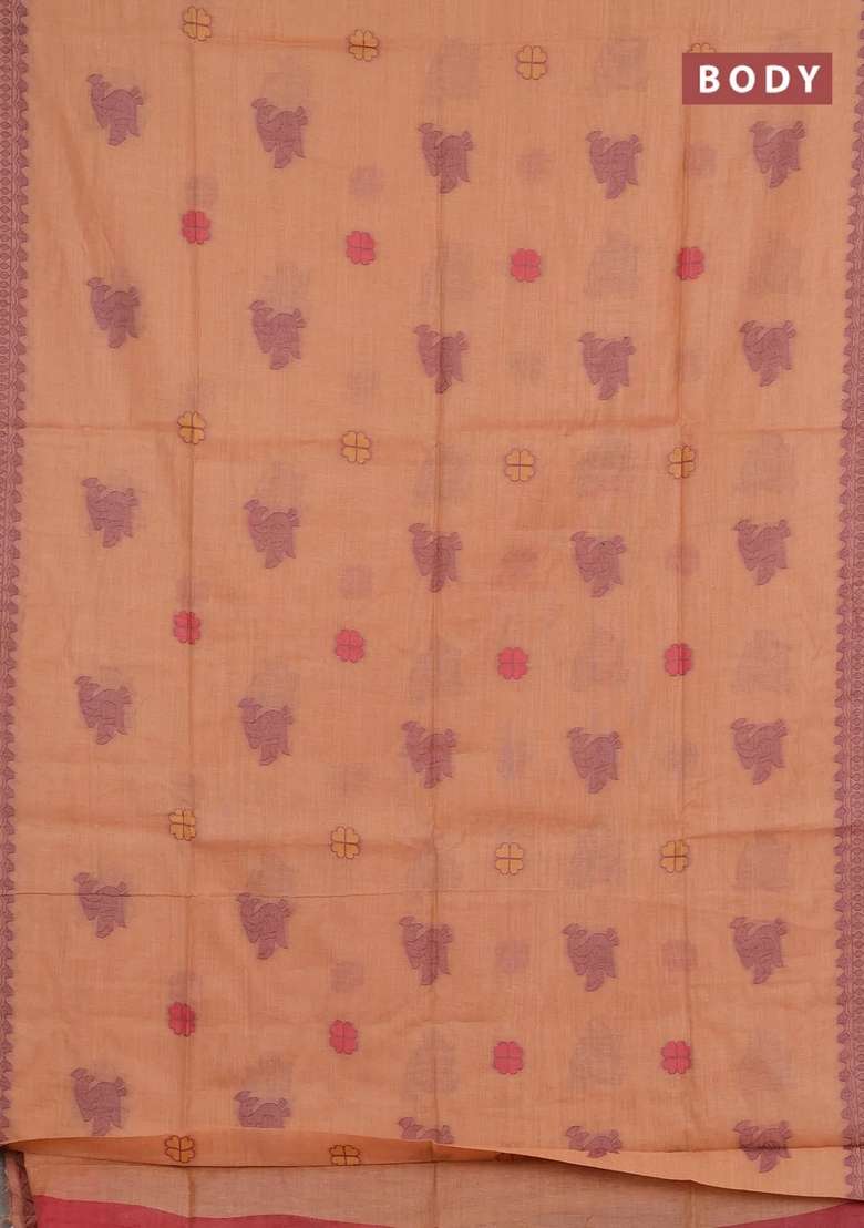Jamdhani Cotton Saree Peach Orange With Thread Buttas And Jamdhani Pallu With Buttas And Brocade Design For Women - Indya