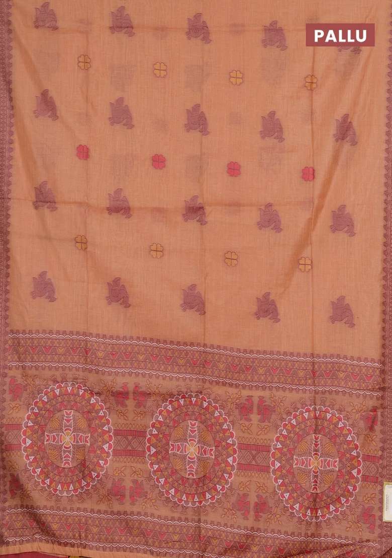 Jamdhani Cotton Saree Peach Orange With Thread Buttas And Jamdhani Pallu With Buttas And Brocade Design For Women - Indya