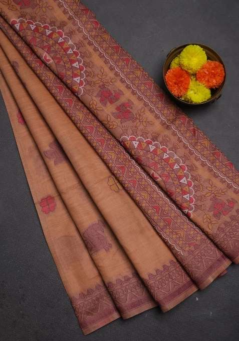 Jamdhani Cotton Saree Peach Orange With Thread Buttas And Jamdhani Pallu With Buttas And Brocade Design For Women