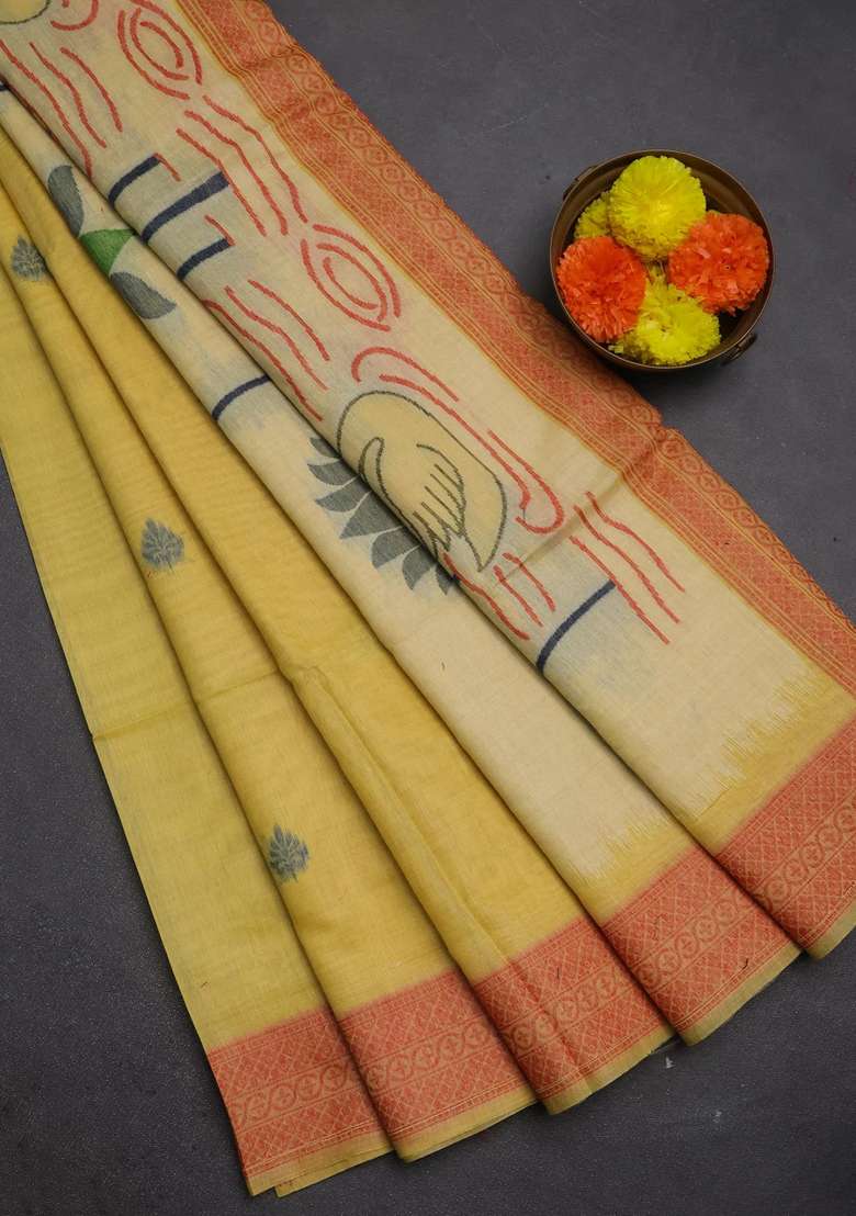 Jamdhani Cotton Saree Pale Yellow And Red With Thread Woven Buttas And Jamdhani Pallu With Buttas And Brocade Design For Women - Indya