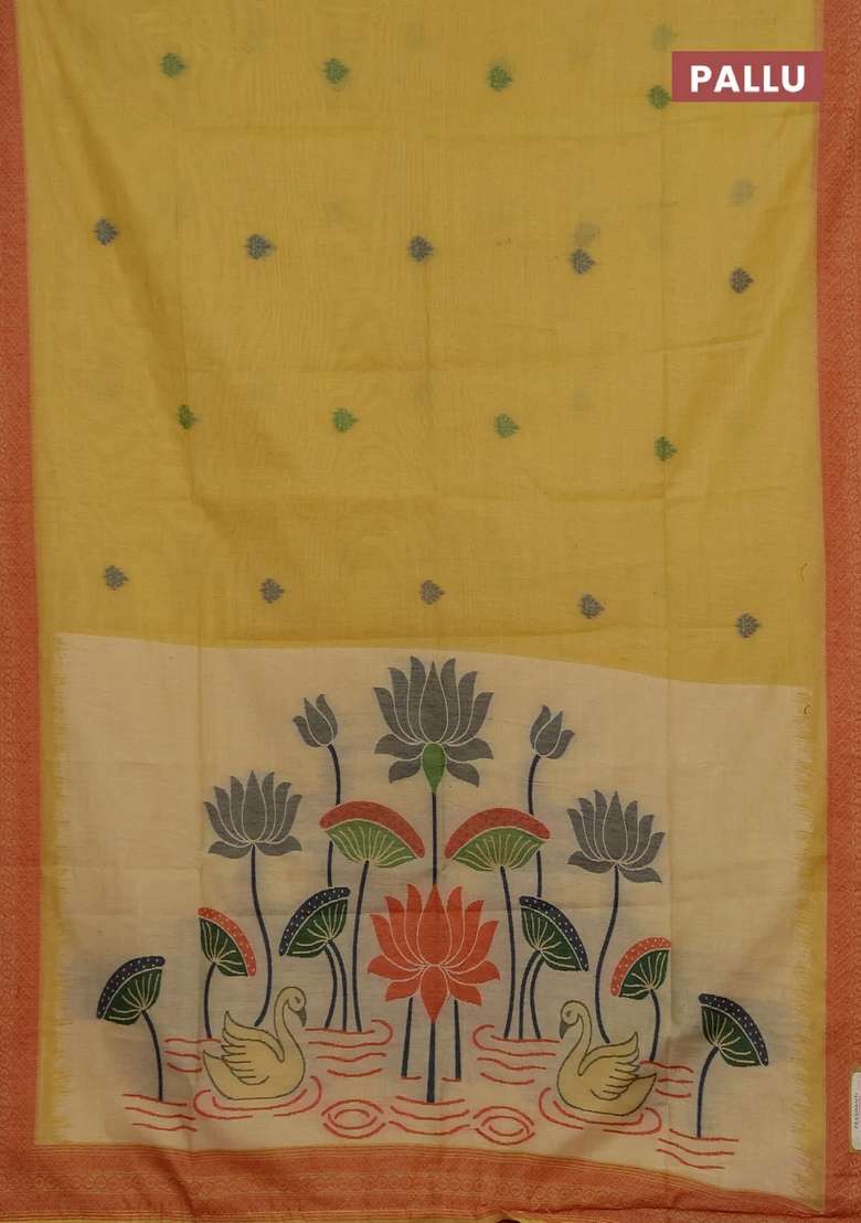 Jamdhani Cotton Saree Pale Yellow And Red With Thread Woven Buttas And Jamdhani Pallu With Buttas And Brocade Design For Women - Indya