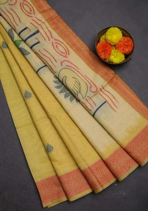 Jamdhani Cotton Saree Pale Yellow And Red With Thread Woven Buttas And Jamdhani Pallu With Buttas And Brocade Design For Women