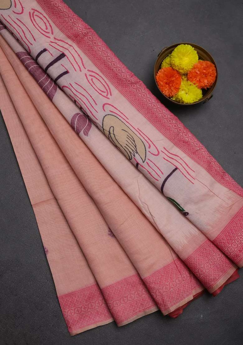 Jamdhani Cotton Saree Peach Shade And Pink With Thread Woven Buttas And Jamdhani Pallu With Buttas And Brocade Design For Women - Indya
