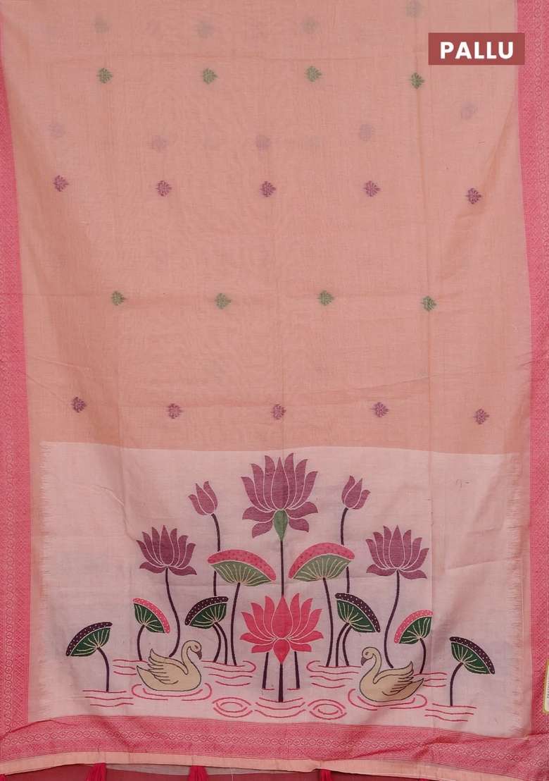 Jamdhani Cotton Saree Peach Shade And Pink With Thread Woven Buttas And Jamdhani Pallu With Buttas And Brocade Design For Women - Indya