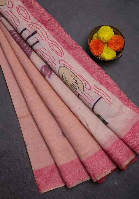 Jamdhani Cotton Saree Peach Shade And Pink With Thread Woven Buttas And Jamdhani Pallu With Buttas And Brocade Design For Women