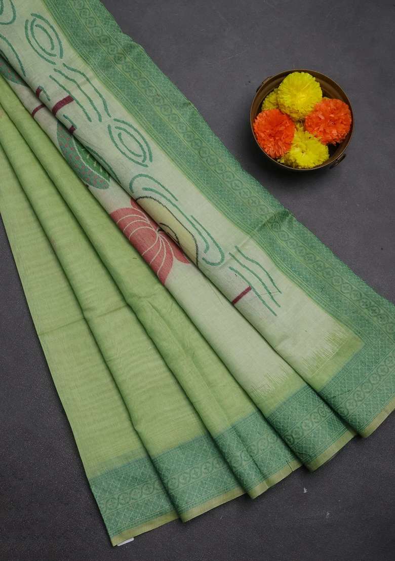 Jamdhani Cotton Saree Pista Green And Green With Thread Woven Buttas And Jamdhani Pallu With Buttas And Brocade Design For Women - Indya