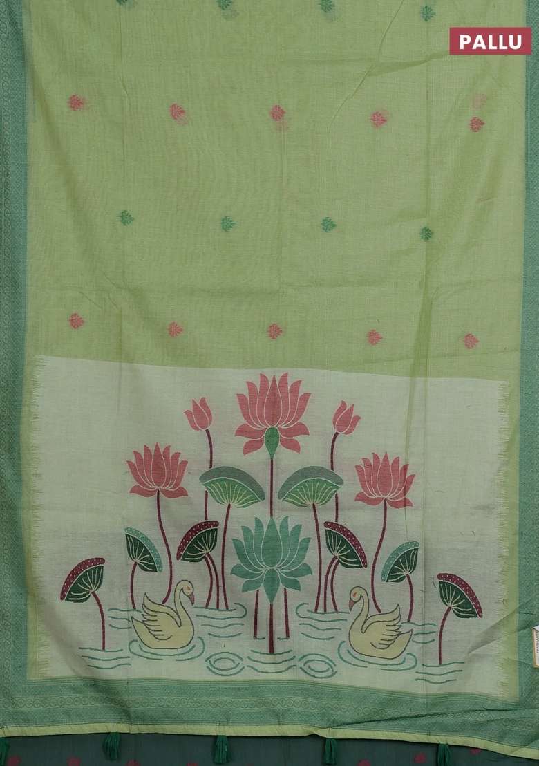 Jamdhani Cotton Saree Pista Green And Green With Thread Woven Buttas And Jamdhani Pallu With Buttas And Brocade Design For Women - Indya