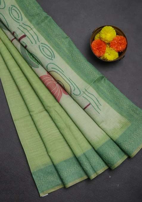 Jamdhani Cotton Saree Pista Green And Green With Thread Woven Buttas And Jamdhani Pallu With Buttas And Brocade Design For Women
