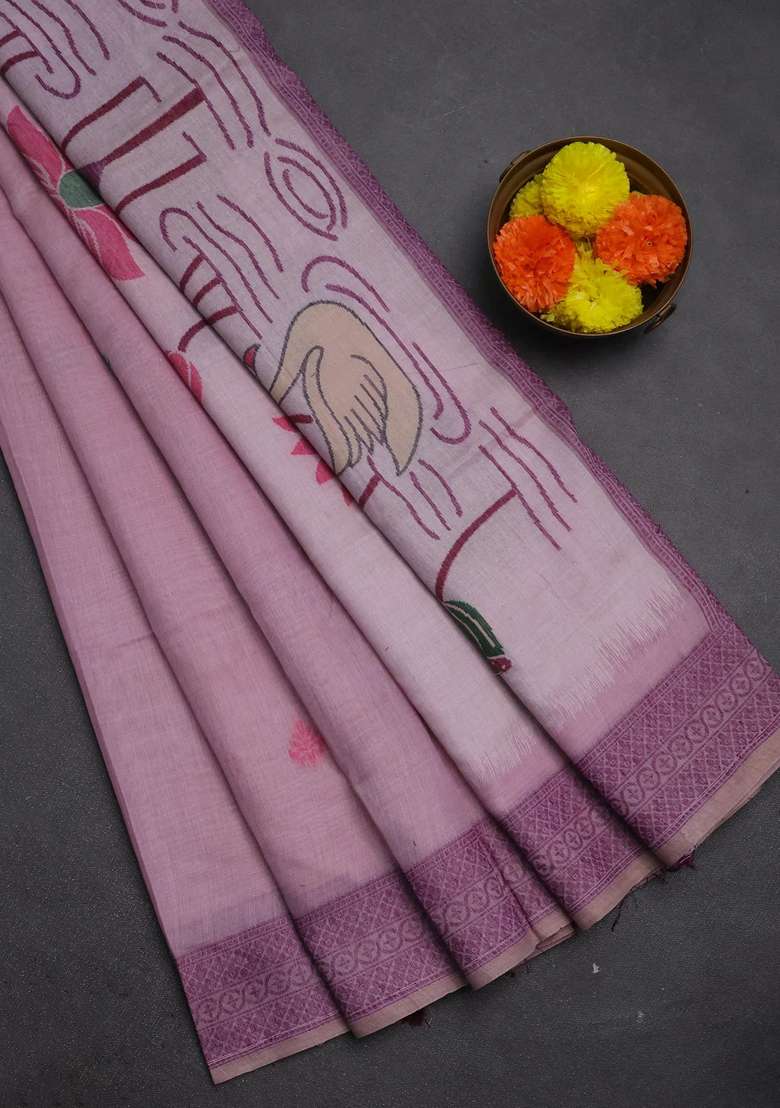 Jamdhani Cotton Saree Lavender And Purple With Thread Woven Buttas And Jamdhani Pallu With Buttas And Brocade Design For Women - Indya