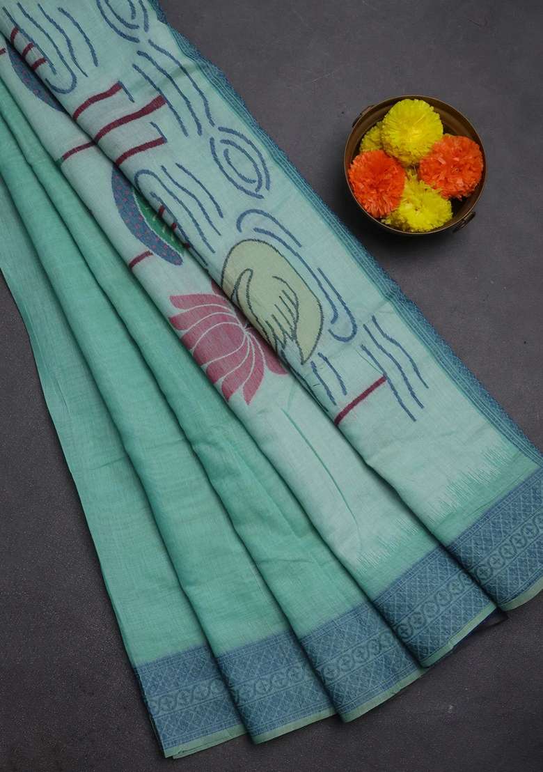 Jamdhani Cotton Saree Teal Green And Navy Blue With Thread Woven Buttas And Jamdhani Pallu With Buttas And Brocade Design For Women - Indya
