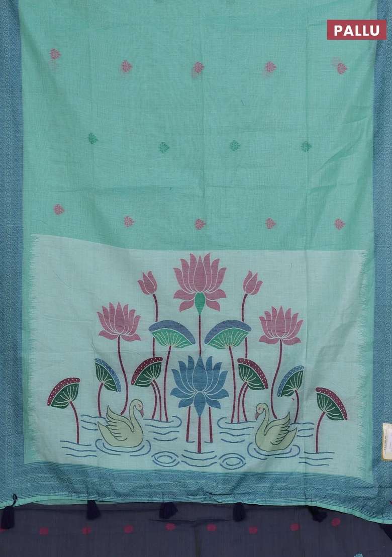 Jamdhani Cotton Saree Teal Green And Navy Blue With Thread Woven Buttas And Jamdhani Pallu With Buttas And Brocade Design For Women - Indya