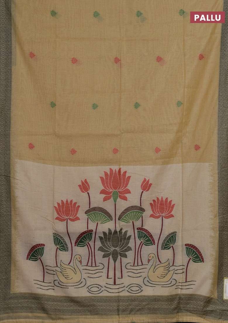 Jamdhani Cotton Saree Beige And Black With Thread Woven Buttas And Jamdhani Pallu With Buttas And Brocade Design For Women - Indya