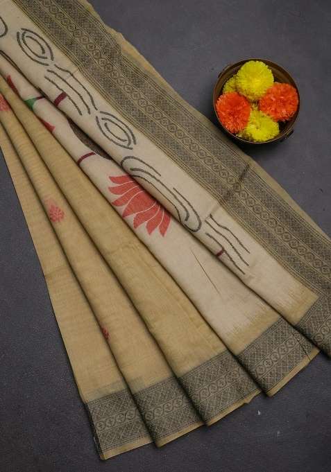Jamdhani Cotton Saree Beige And Black With Thread Woven Buttas And Jamdhani Pallu With Buttas And Brocade Design For Women
