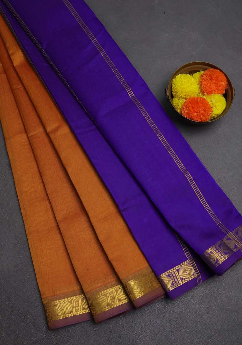 Silk Cotton Saree Dark Mustard And Violet With Plain Body And Zari Woven Border With Traditional Woven Design For Women - Indya