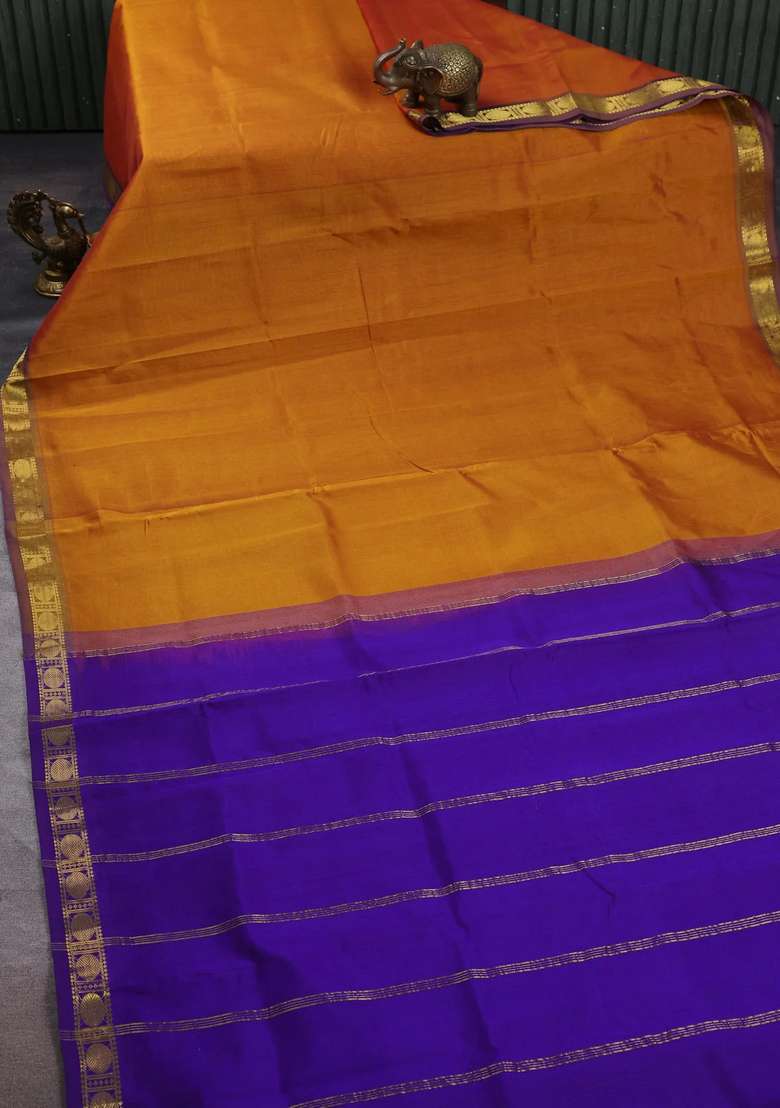 Silk Cotton Saree Dark Mustard And Violet With Plain Body And Zari Woven Border With Traditional Woven Design For Women - Indya