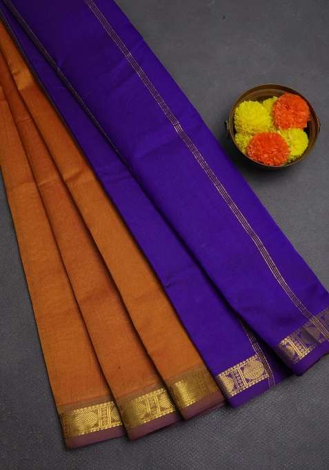 Silk Cotton Saree Dark Mustard And Violet With Plain Body And Zari Woven Border With Traditional Woven Design For Women