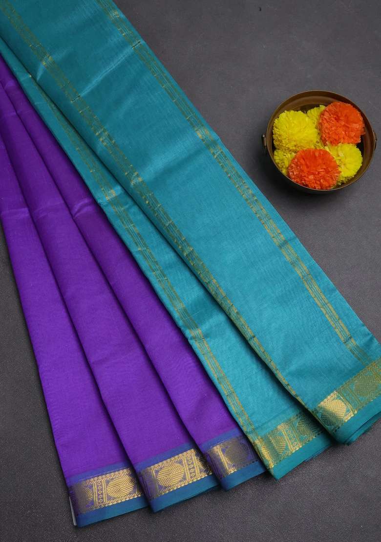 Silk Cotton Saree Lavender And Teal Blue With Plain Body And Zari Woven Border With Traditional Woven Design For Women - Indya