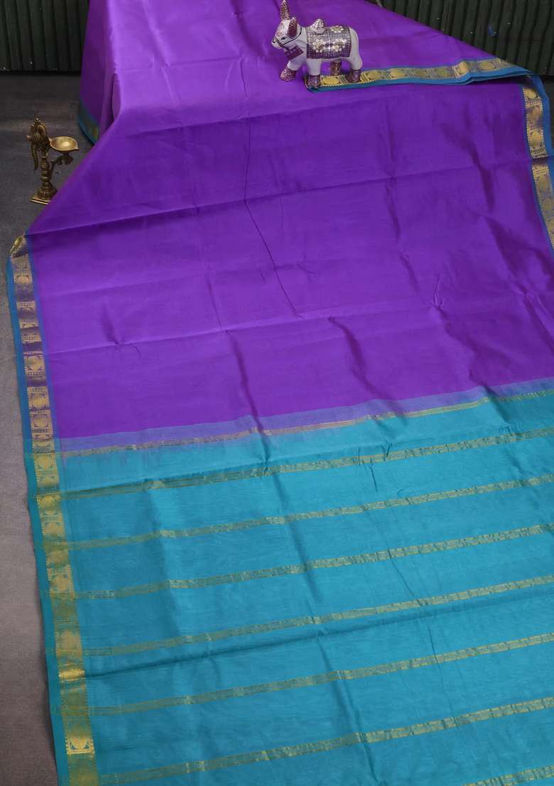 Silk Cotton Saree Lavender And Teal Blue With Plain Body And Zari Woven Border With Traditional Woven Design For Women - Indya