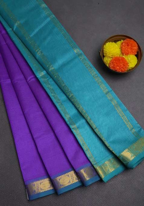 Silk Cotton Saree Lavender And Teal Blue With Plain Body And Zari Woven Border With Traditional Woven Design For Women
