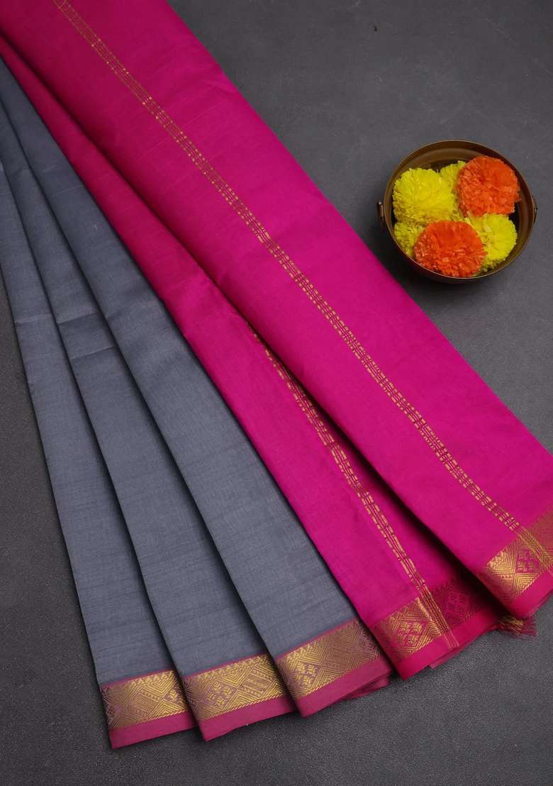 Silk Cotton Saree Grey And Pink With Plain Body And Zari Woven Border With Traditional Woven Design For Women - Indya