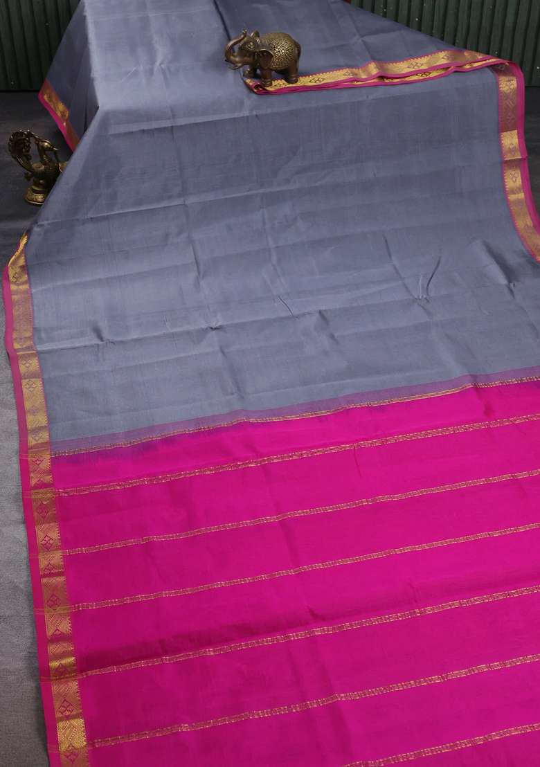 Silk Cotton Saree Grey And Pink With Plain Body And Zari Woven Border With Traditional Woven Design For Women - Indya