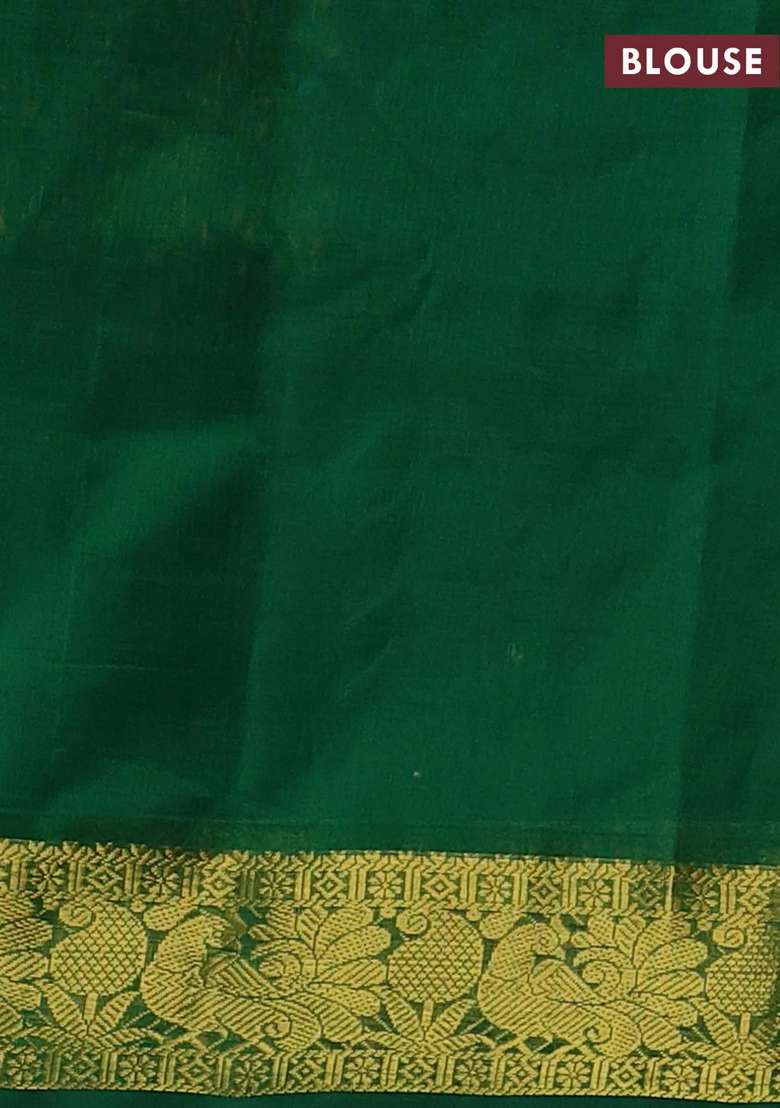 Silk Cotton Saree Dark Mustard And Green With Plain Body And Peacock Zari Woven Border With Traditional Woven Design For Women - Indya