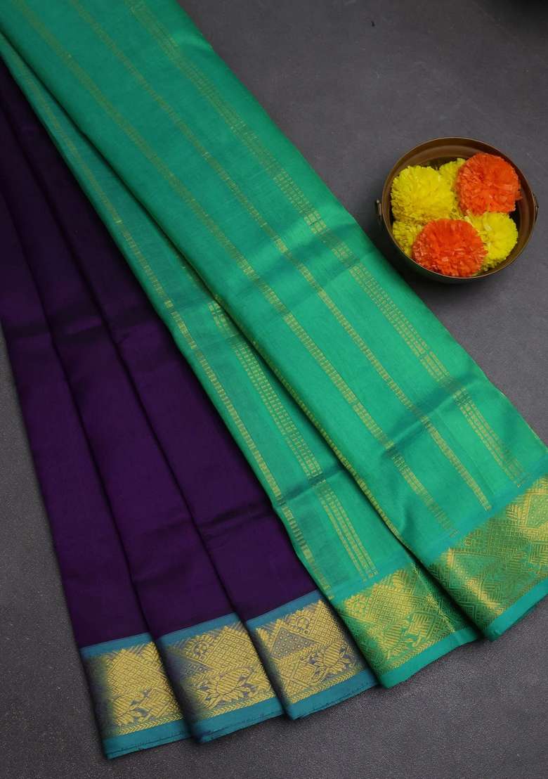 Silk Cotton Saree Violet And Teal Green With Plain Body And Zari Woven Border With Traditional Woven Design For Women - Indya