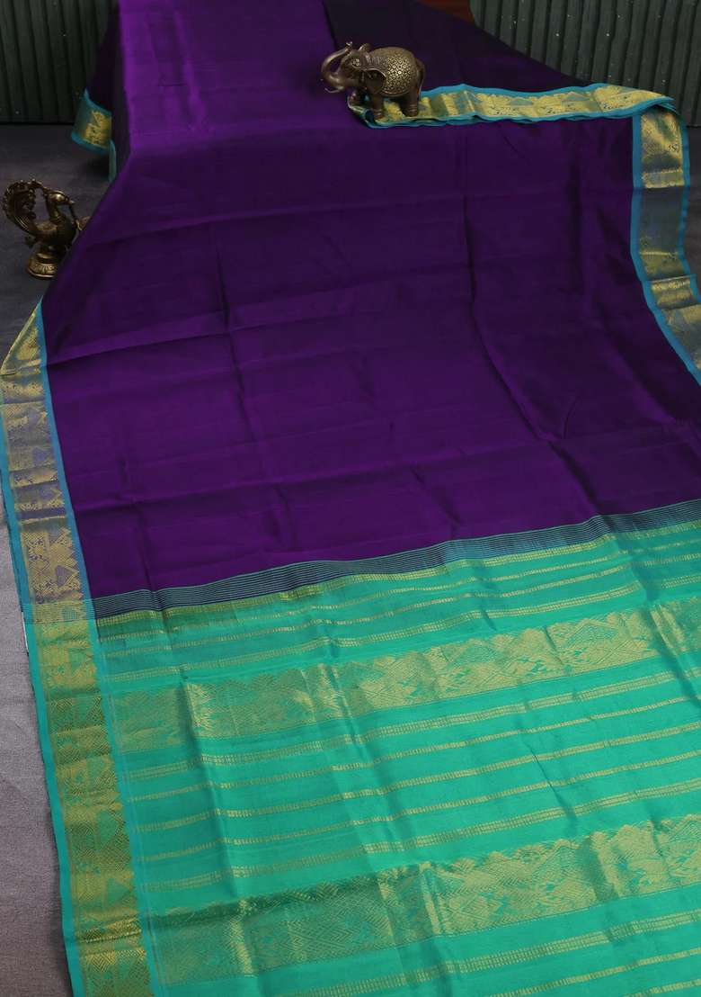 Silk Cotton Saree Violet And Teal Green With Plain Body And Zari Woven Border With Traditional Woven Design For Women - Indya
