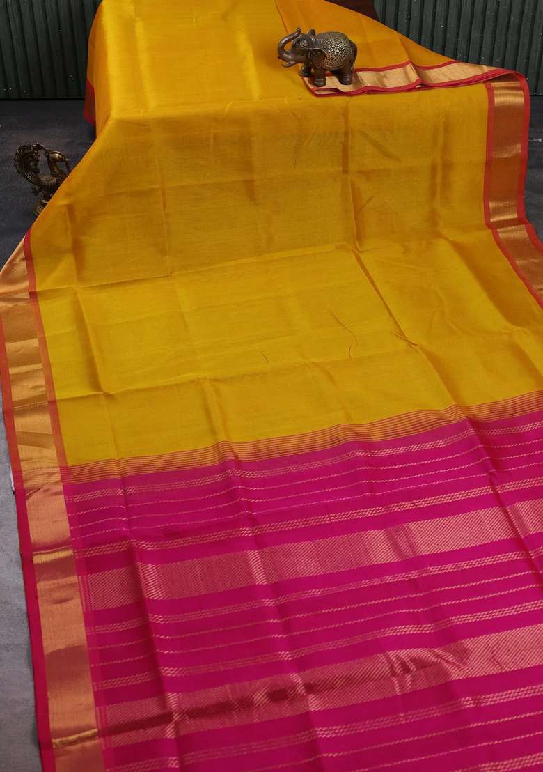 Silk Cotton Saree Mustard Yellow And Pink With Plain Body And Zari Woven Border With Traditional Woven Design For Women - Indya