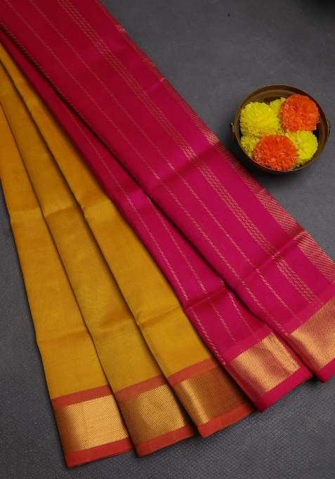 Silk Cotton Saree Mustard Yellow And Pink With Plain Body And Zari Woven Border With Traditional Woven Design For Women