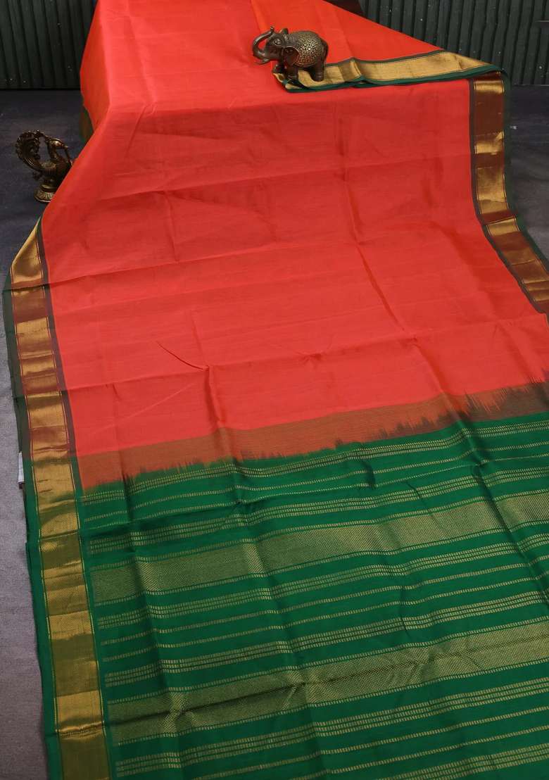 Silk Cotton Saree Peach Orange And Green With Plain Body And Zari Woven Border With Traditional Woven Design For Women - Indya