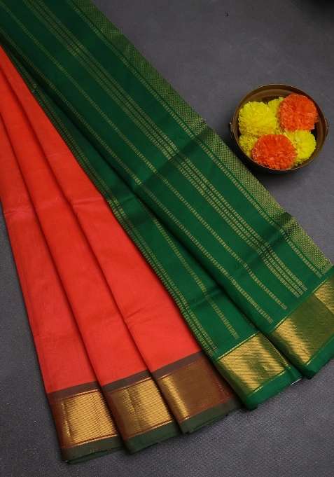 Silk Cotton Saree Peach Orange And Green With Plain Body And Zari Woven Border With Traditional Woven Design For Women