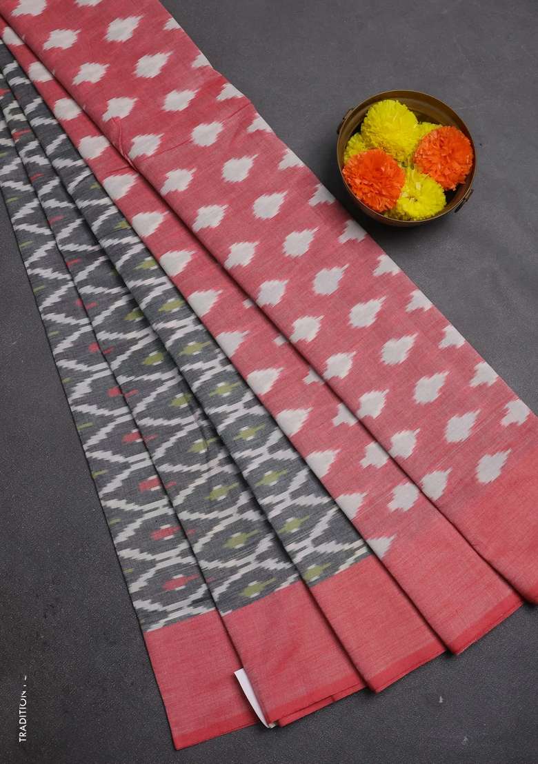 Ikat Cotton Saree Grey And Red With Allover Ikat Weaves And Simple Border With Traditional Woven Design For Women - Indya