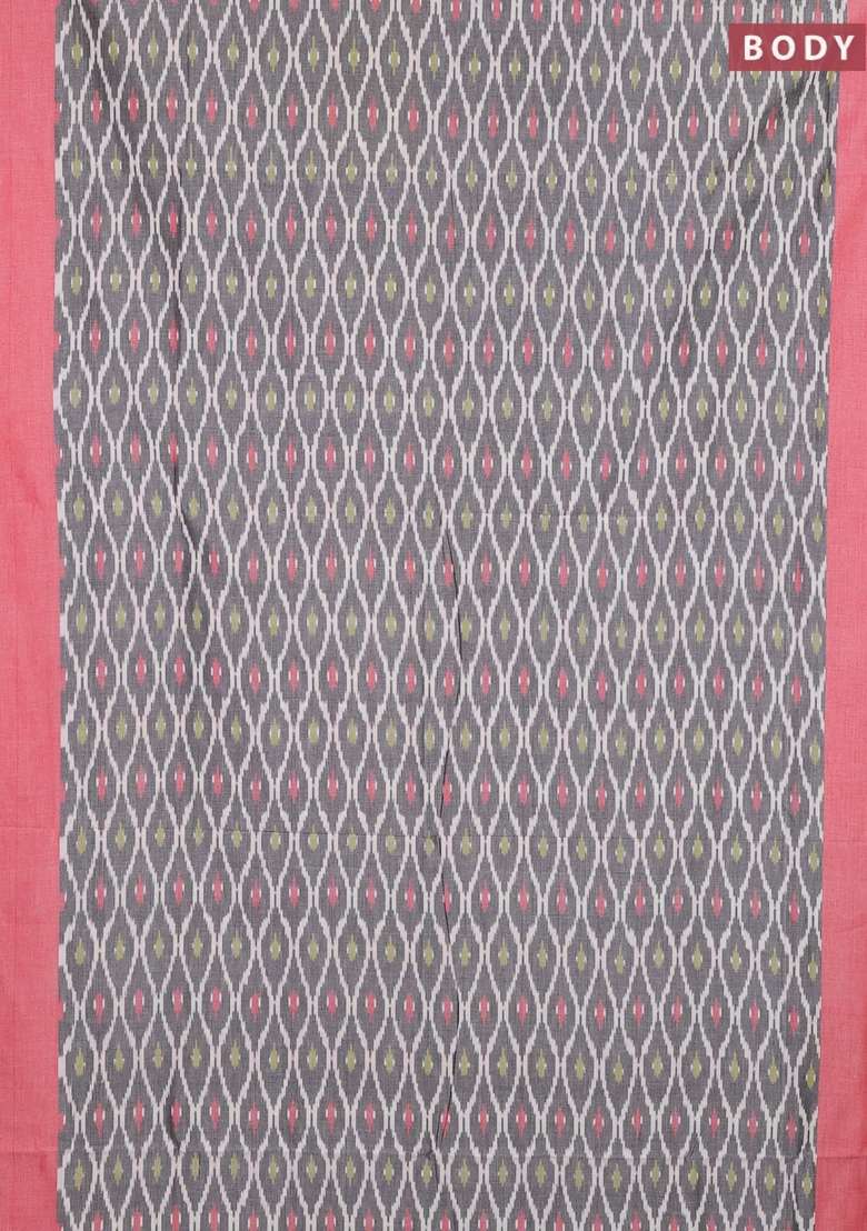 Ikat Cotton Saree Grey And Red With Allover Ikat Weaves And Simple Border With Traditional Woven Design For Women - Indya