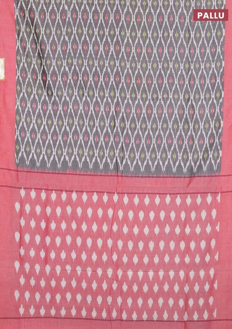 Ikat Cotton Saree Grey And Red With Allover Ikat Weaves And Simple Border With Traditional Woven Design For Women - Indya