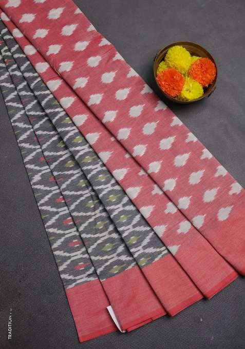 Ikat Cotton Saree Grey And Red With Allover Ikat Weaves And Simple Border With Traditional Woven Design For Women
