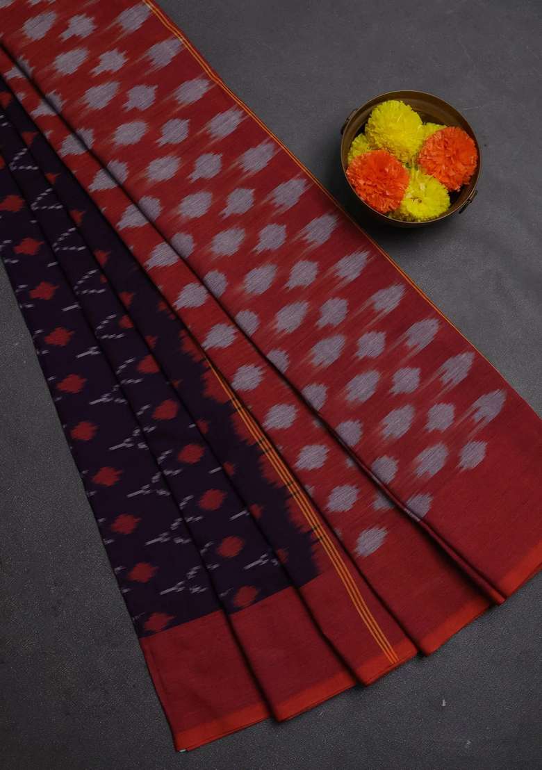 Ikat Cotton Saree Violet And Rust Shade With Allover Ikat Woven Butta Weaves And Rettapet Ikat Woven Border With Buttas And Brocade Design For Women - Indya