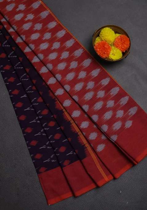 Ikat Cotton Saree Violet And Rust Shade With Allover Ikat Woven Butta Weaves And Rettapet Ikat Woven Border With Buttas And Brocade Design For Women