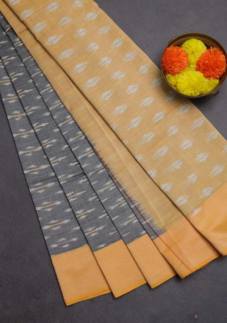 Ikat Cotton Saree Grey And Pale Yellow With Allover Ikat Weaves And Simple Border With Traditional Woven Design For Women - Indya