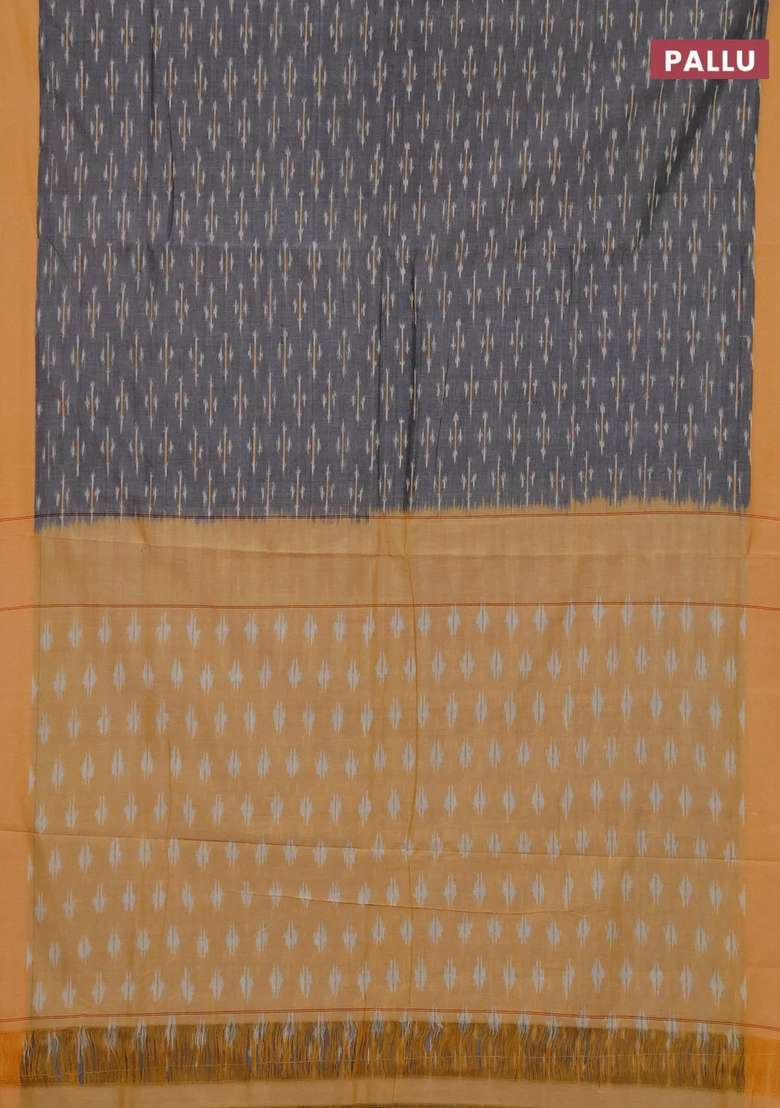 Ikat Cotton Saree Grey And Pale Yellow With Allover Ikat Weaves And Simple Border With Traditional Woven Design For Women - Indya