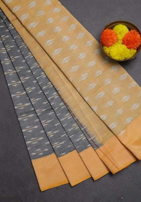 Ikat Cotton Saree Grey And Pale Yellow With Allover Ikat Weaves And Simple Border With Traditional Woven Design For Women