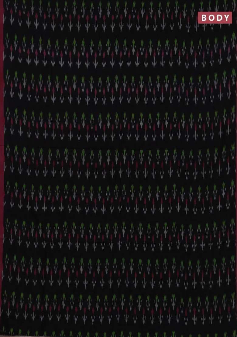 Ikat Cotton Saree Black And Peach Pink With Allover Ikat Woven Butta Weaves And Simple Border With Buttas And Brocade Design For Women - Indya