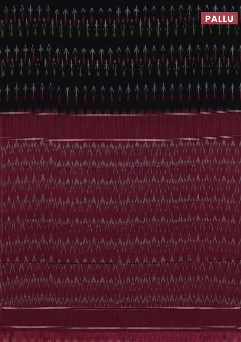 Ikat Cotton Saree Black And Peach Pink With Allover Ikat Woven Butta Weaves And Simple Border With Buttas And Brocade Design For Women - Indya