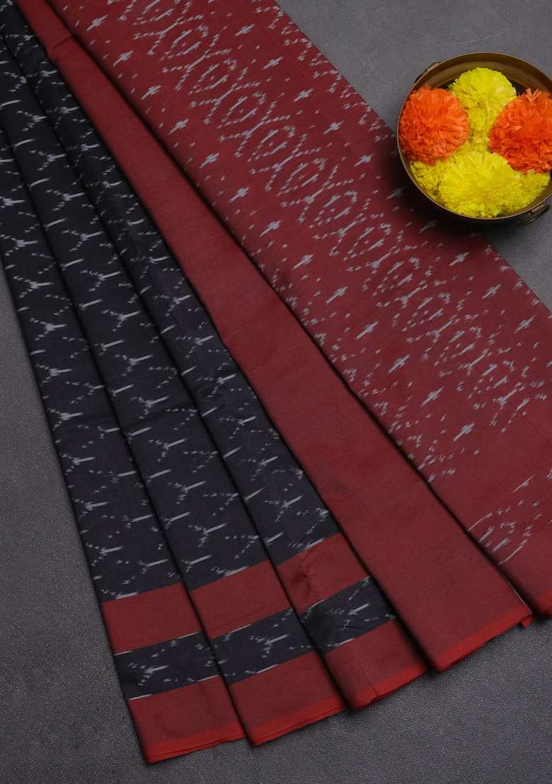 Ikat Cotton Saree Black And Maroon With Allover Ikat Weaves And Rettapet Ikat Border With Traditional Woven Design For Women - Indya