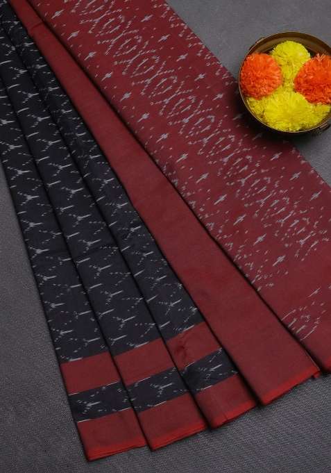 Ikat Cotton Saree Black And Maroon With Allover Ikat Weaves And Rettapet Ikat Border With Traditional Woven Design For Women